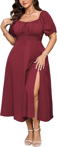 Plus Size Summer Dress Short Sleeve Square Neck Milkmaid Dress Tie Front Split A-Line Maxi Dress with Pockets in Saudi Arabia