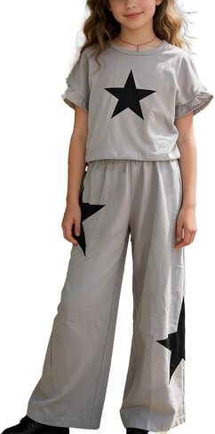 Girls 2 Piece Outfits Star Print Ruffle Sleeve Tops and Wide Leg Pants Set Summer Clothes in Saudi Arabia