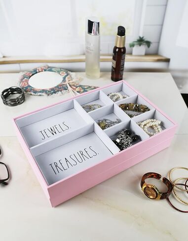 Rae Dunn Jewelry Tray - Jewelry Drawer Organizer - Set of 2 Stackable Jewelry Organizer Trays - Storage Box for Earring, Ring, Bracelet, Necklace - Stacking Insert for Drawers, Vanity Display - Pink in Saudi Arabia