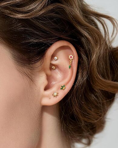 COCHARM 16G Helix Tragus Conch Piercing Jewelry for Women, Emerald Flower Flatback Earring Stud Stainless Steel Gold Pink Pearl Threadless Cartilage Stud 6mm 8mm in Saudi Arabia