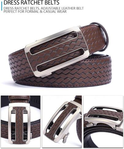 Men's Woven Leather Ratchet Belt, Adjustable Slide Dress Belt with Automatic Buckle, Trim to Fit, Packed in Gift Box in Saudi Arabia