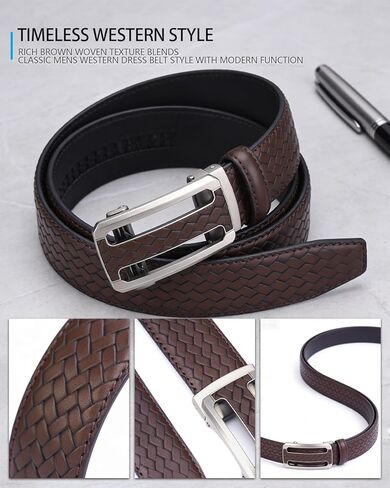 Men's Woven Leather Ratchet Belt, Adjustable Slide Dress Belt with Automatic Buckle, Trim to Fit, Packed in Gift Box in Saudi Arabia