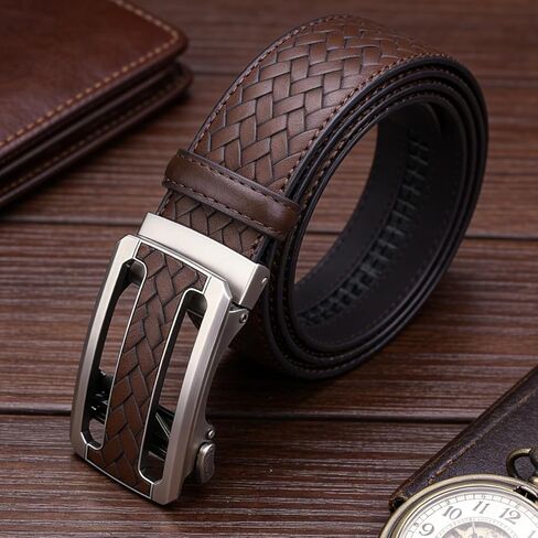 Men's Woven Leather Ratchet Belt, Adjustable Slide Dress Belt with Automatic Buckle, Trim to Fit, Packed in Gift Box in Saudi Arabia