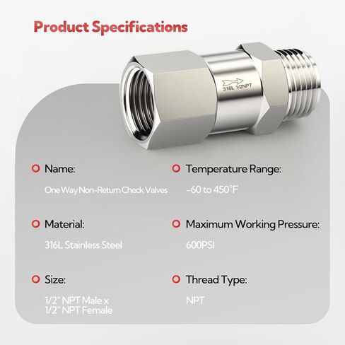 1 قطعة 316L الفولاذ المقاوم للصدأ صمام فحص باتجاه واحد، 1/2 "NPT ذكر x 1/2" NPT ذكر المواضيع ضاغط الهواء صمام الاختيار منع التدفق الخلفي in Kuwait
