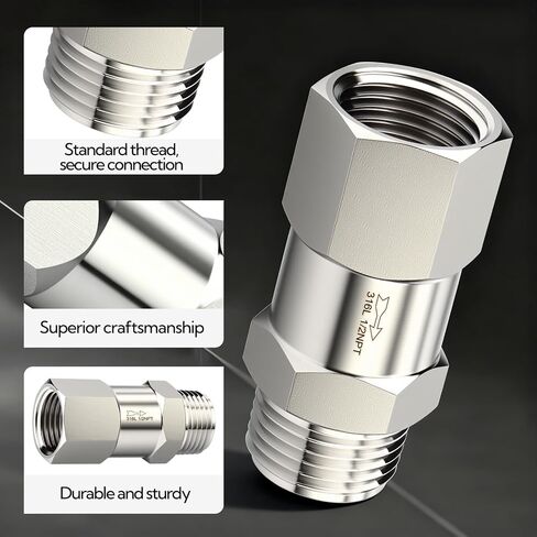 1 قطعة 316L الفولاذ المقاوم للصدأ صمام فحص باتجاه واحد، 1/2 "NPT ذكر x 1/2" NPT ذكر المواضيع ضاغط الهواء صمام الاختيار منع التدفق الخلفي in Kuwait