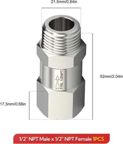 1 قطعة 316L الفولاذ المقاوم للصدأ صمام فحص باتجاه واحد، 1/2 "NPT ذكر x 1/2" NPT ذكر المواضيع ضاغط الهواء صمام الاختيار منع التدفق الخلفي in Kuwait