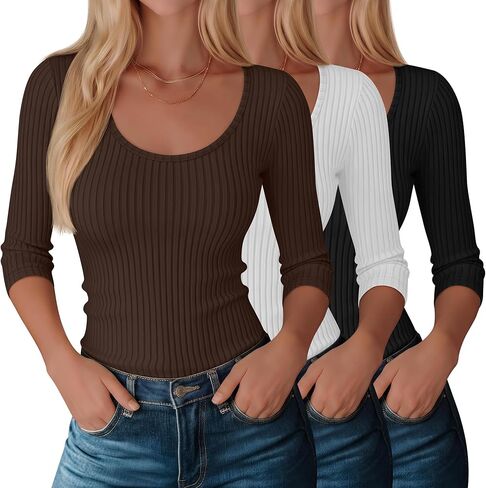 3 Pack Women's 3/4 Sleeve T Shirts Basic Scoop Neck Ribbed Knit Slim Fit Tops 2025 Summer Casual Tight Tees in Saudi Arabia