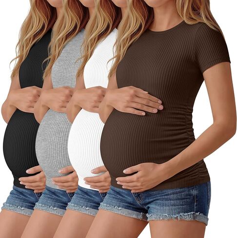 Neer 4 Pack Women's Maternity Cotton T Shirts Short Sleeve Tops Side Ruched Pregnancy Tees Casual Ribbed Mama Clothes in Saudi Arabia