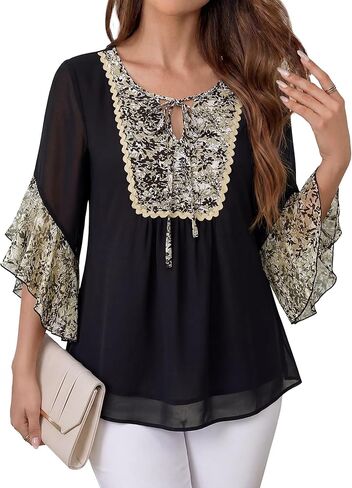 Lotusmile Womens Blouses Dressy Casual 3/4 Sleeve Tops Ruffle Floral V Neck Chiffon Trendy Work Shirts in Saudi Arabia