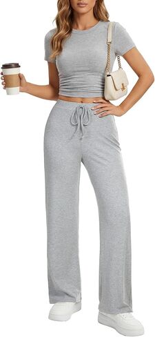 Rooscier Women's 2 Piece Outfits Lounge Sets Short Sleeve Crop Tops and Wide Leg Pants Tracksuit Sets in Saudi Arabia