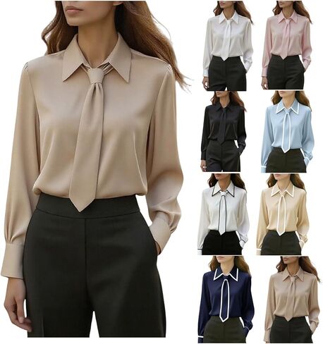Satin Bow Tie Neck Blouse for Women Long Sleeve Silk Plain Shirt Lightweight Casual Dressy Party Prom Office Work Tops in Saudi Arabia