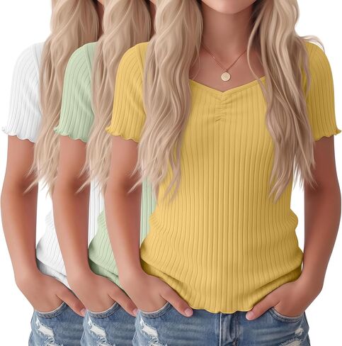 3 Pack Girl's Short Sleeve Shirts Ribbed Knit Sweetheart Neck Cotton Tops Kids Lettuce Trim Summer Cropped Tees in Saudi Arabia