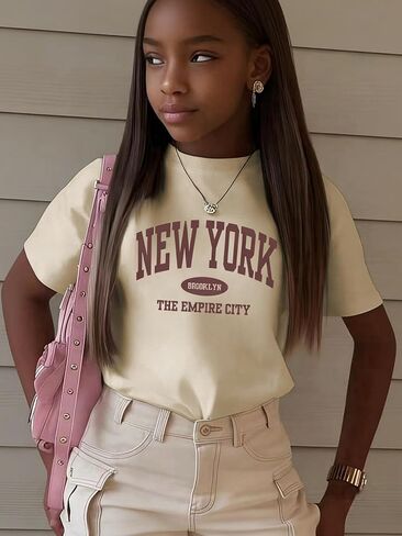Girls Graphic Letter Short Sleeve T Shirt, Crewneck TeeSoft Crew Neck Kids Summer Fashion Top in Saudi Arabia