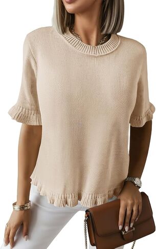 Saodimallsu Womens Short Sleeve Sweater Tops Summer Ruffle Casual Loose Fitting Crew Neck Knit Shirts in Saudi Arabia