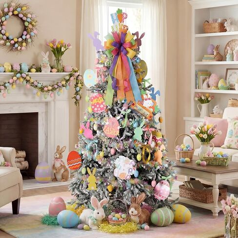 Liliful 55 Pcs Easter Tree Decoration Set Eggs Ornaments Bunny Ear Carrots Picks Fur Rabbit Ear Tree Topper 19.8 ft Glitter Tinsel Spring Garland Ribbon Bows for Easter House Office Spring Party Decor in Saudi Arabia