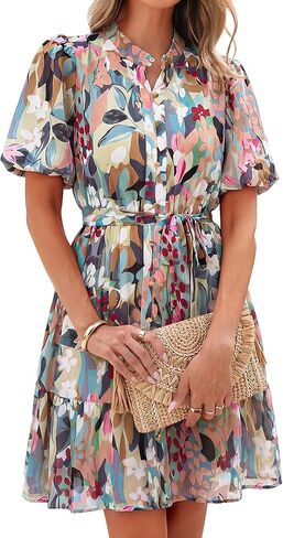 Simplee Womens Floral Short Summer Dresses Casual V Neck Button Down A-Line Tiered Ruffle Boho Mini Dress Trendy Clothes in Saudi Arabia