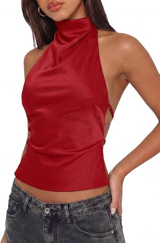 Womens Sexy Backless Halter Tank Top High Mock Neck Sleeveless Trendy Y2K Going Out Cropped Tops in Saudi Arabia