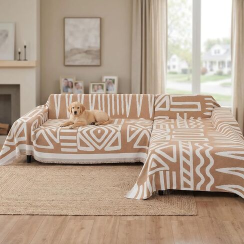 غطاء الأريكة المقطعي بوهو تشنيل لأريكة أريكة L Sofa L ، 2CS أريكة غطاء للأريكة الأريكة المقطعة L ، مثلث منقوشة الأريكة الأريكة الأريكة الأريكة ، بيج ، بيج in Saudi Arabia