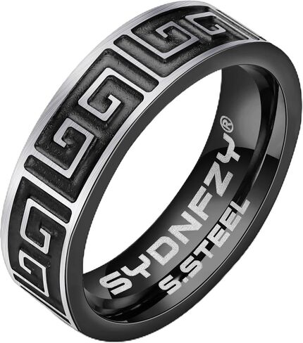 Mens Wedding Band Ring - Fashion Durable Stainless Steel Engagement Promise Rings for Men Women, 6mm Greek Key Ring for Men Couple Jewelry Gift Ring Size 6 7 8 9 10 11 in Saudi Arabia