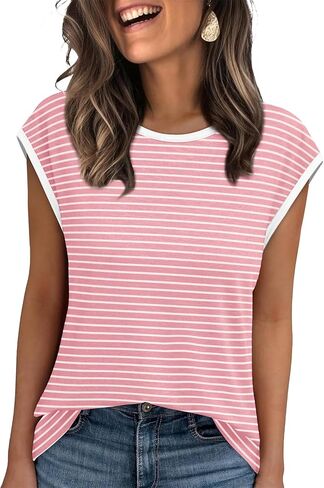 Xieerduo Womens Tops Dary Disy Summer Summer Striped Cap Sleeve Tops Color Block Loose Fit in Kuwait