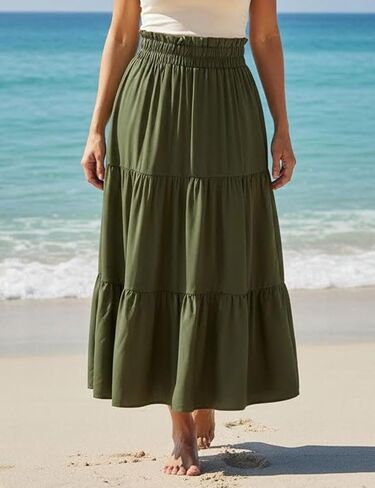 Womens Summer Maxi Skirt High Waist Pleated Ruffle Long Skirt Flowy Boho Style with Pockets for Vacation in Saudi Arabia
