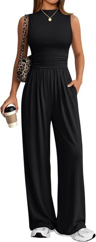 Trendy Queen Women's Wide Leg Jumpsuit - Sleeveless Mock Neck Palazzo Romper with Pockets, Casual Summer Outfits in Saudi Arabia