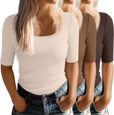 Ficerd 3 Pack 1/2 قمم للأكمام للنساء نصف الأكمام مغرفة القمصان T مضلعة ضعيمة نحافة نائمة الكوع 2025 الصيف الأساسي تي شيرت in Saudi Arabia
