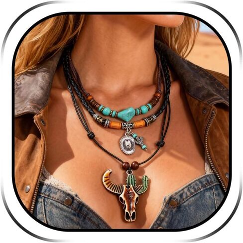 Layered Boho Necklace for Women Turquoise Jewelry Leaf Fishbone Pendant Choker Beaded Black Rope Western Style in Saudi Arabia