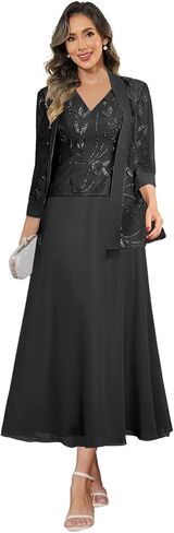 Women's 2 Piece Sequin Lace Mother of The Bride Dresses with Jacket Sparkly Formal Wedding Guest Dress in Saudi Arabia