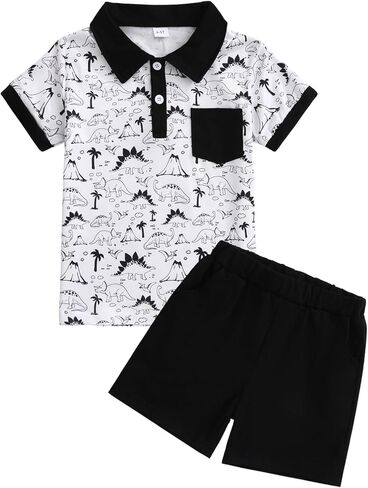 Size 4-8 Years Boys Clothes 2 Piece Summer Outfit Short Sleeve Dinosaur Polo Tee Shirt Top and Casual Shorts Set in Saudi Arabia