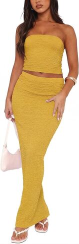 Two Piece Dress Outfits for Women Sleeveless Tube Tops Bodycon Maxi Dress Summer Strapless Crop Top Sexy Suits Set in Saudi Arabia