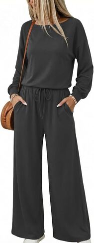 Women's Long Sleeve Jumpsuits Casual Boat Neck Wide Leg Rompers Elastic Waist Drawstring Long Pants Overalls in Saudi Arabia