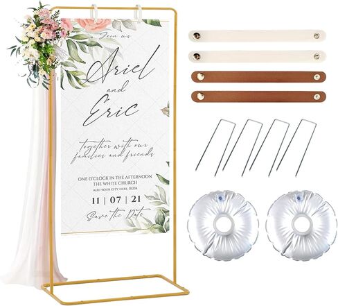 Meiqi Gold Adjustable Wedding Welcome Sign Stand with 4 Leather Hanging Straps, Ground Stakes & Weight Bag - Large Easel for Wedding Signs, Posters, Banners - Perfect for Outdoor Events, Baby Showers in Saudi Arabia