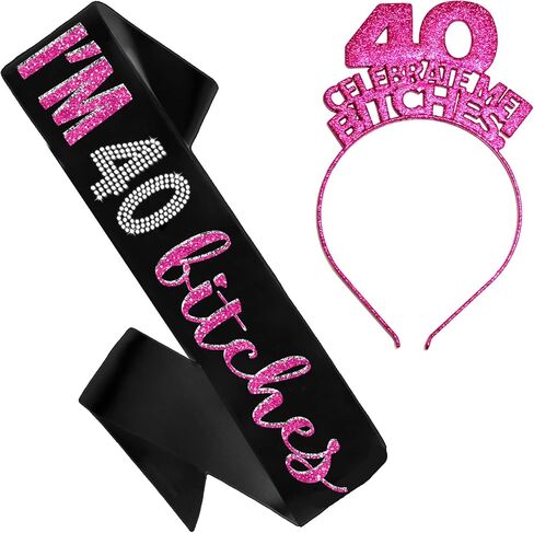 RhinestoneSash 40th Birthday Gifts for Women - Funny I'm 40 Bitches Sash and Headband - Womens 40th Birthday Supplies in Saudi Arabia