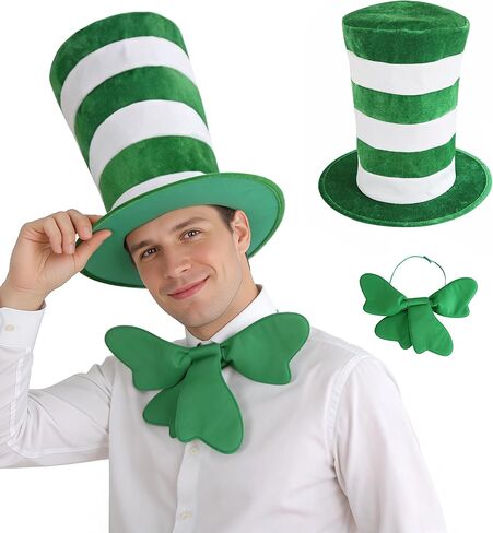 MCJC St. Patrick's Day Green and White Striped Top Hat with Bow Tie, Adult Size Costume Accessory for Masquerade Parties in Saudi Arabia