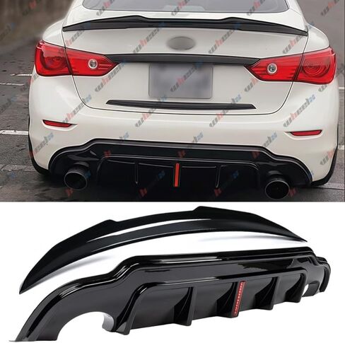 2014–2017 Compatible with Infiniti Q50, Rear Trunk Spoiler & Rear Bumper Diffuser with V2 LED Brake Light, PSM Duckbill Style, Carbon Fiber Pattern – WheelX in Saudi Arabia