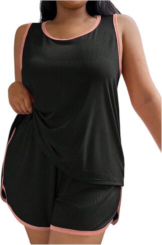 OYOANGLE Women's Plus Size Ribbed Pajama Set 2 Piece Lounge Set Tank Top and Shorts Cute Pjs Soft Sleepwear in Saudi Arabia