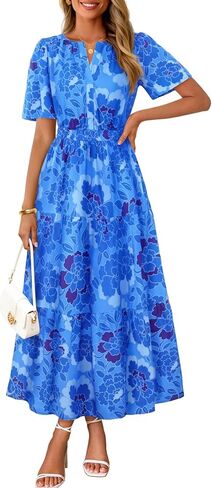 MEROKEETY Women's Spring Summer Floral Maxi Dresses 2026 Casual Beach Vacation Boho V Neck Short Sleeve Midi Dress Pockets in Saudi Arabia