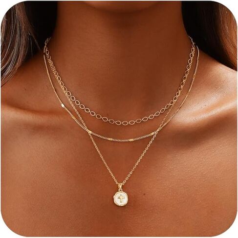 Gold Necklace for Women 14K Gold Plated Layered Cross Bar Necklace Herringbone Figaro Paperclip Flat Chain Cute Charm Accessories Non Tarnish Jewelry Set Gifts for Women in Saudi Arabia