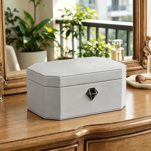 Jewelry Safe，Biometric Fingerprint safe, Leather Wrapped Jewelry Box with Lock, Quick-Access & Keyless Entry(Two-Tier White) in Saudi Arabia