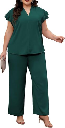 AOVDE Women Plus Size Pants Suit Sets Short Sleeve V Neck 2 Piece Dressy Pantsuit Formal Office Outfit in Saudi Arabia