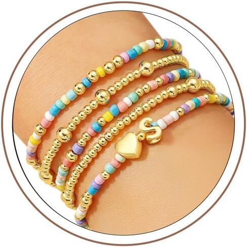 M MOOHAM Easter Gifts for Kids Toddlers Teens - Easter Basket Stuffers 5PCS Colorful Beaded Bracelets Cute Heart Initial Bracelet Stretch Bracelets Jewelry Set Birthday Gifts for Kids Teens Girls in Saudi Arabia