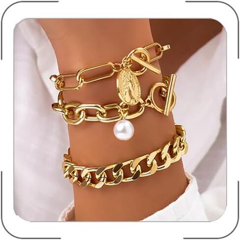 Chunky Gold Bracelets for Women Trendy Gold Chunky Stacked Pearl Bracelets Golden Pearl OT Clasp Bracelet Chain Portrait Pendant Bracelet Golden Jewelry Set Gift in Saudi Arabia