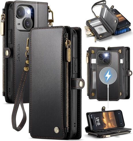 حافظة Defencase لهاتف iPhone 15، حافظة محفظة لهاتف iPhone 15 للنساء والرجال، حافظة هاتف iPhone 15 [6.1 بوصة] مصنوعة من جلد البولي يوريثان المتين وحزام معصم مغناطيسي وسحاب وحامل بطاقات لهاتف iPhone 15 [6.1 بوصة]، وردي وردي in Kuwait