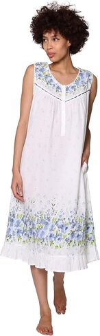 LA CERA Nightgown - Sleeveless Long Cotton Lawn Gown - Wildflower Bleu (Large (14-16), White/Blue) in Saudi Arabia