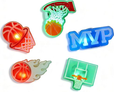 5PCS Basketball Theme Light Up Shoe Charms, Vibration-Activated 3-Color LED Shoe Charms for Clog Shoes, Premium PVC Waterproof Shoe Accessories Gifts for Basketball Fans Kids Teens Adults in Saudi Arabia