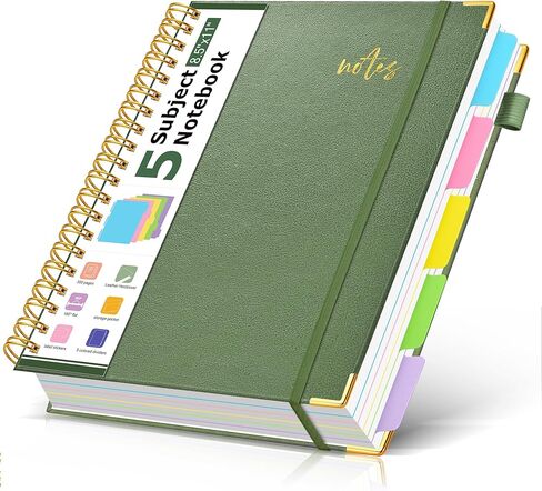 5 Subject Spiral Notebook Journal with Removable Dividers Tabs, 300 Pages Organizer Notebooks for Work School, 8"x10" Hardcover Leather Notebook College Ruled, Large Lined Journal for Women Men,Green in Saudi Arabia