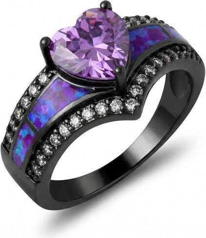 Black Engagement Ring for Women by Ginger Lyne | Promise Ring for Her | Mystic Purple Cubic Zirconia Wedding Rings | Simulated Fire Opal Birthstone or Bridal for Women in Saudi Arabia