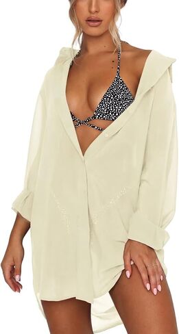 Women's Swimsuit Beach Cover Up Loose V-Neck Button Down Bikini Bathing Suit in Saudi Arabia