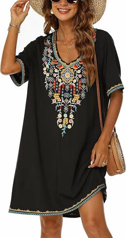 Grosy Women's Embroidered Mexican Peasant Dresses, Plus Size Fiesta Boho Dress for Women, Traditional Floral Bohemian Tunic in Saudi Arabia